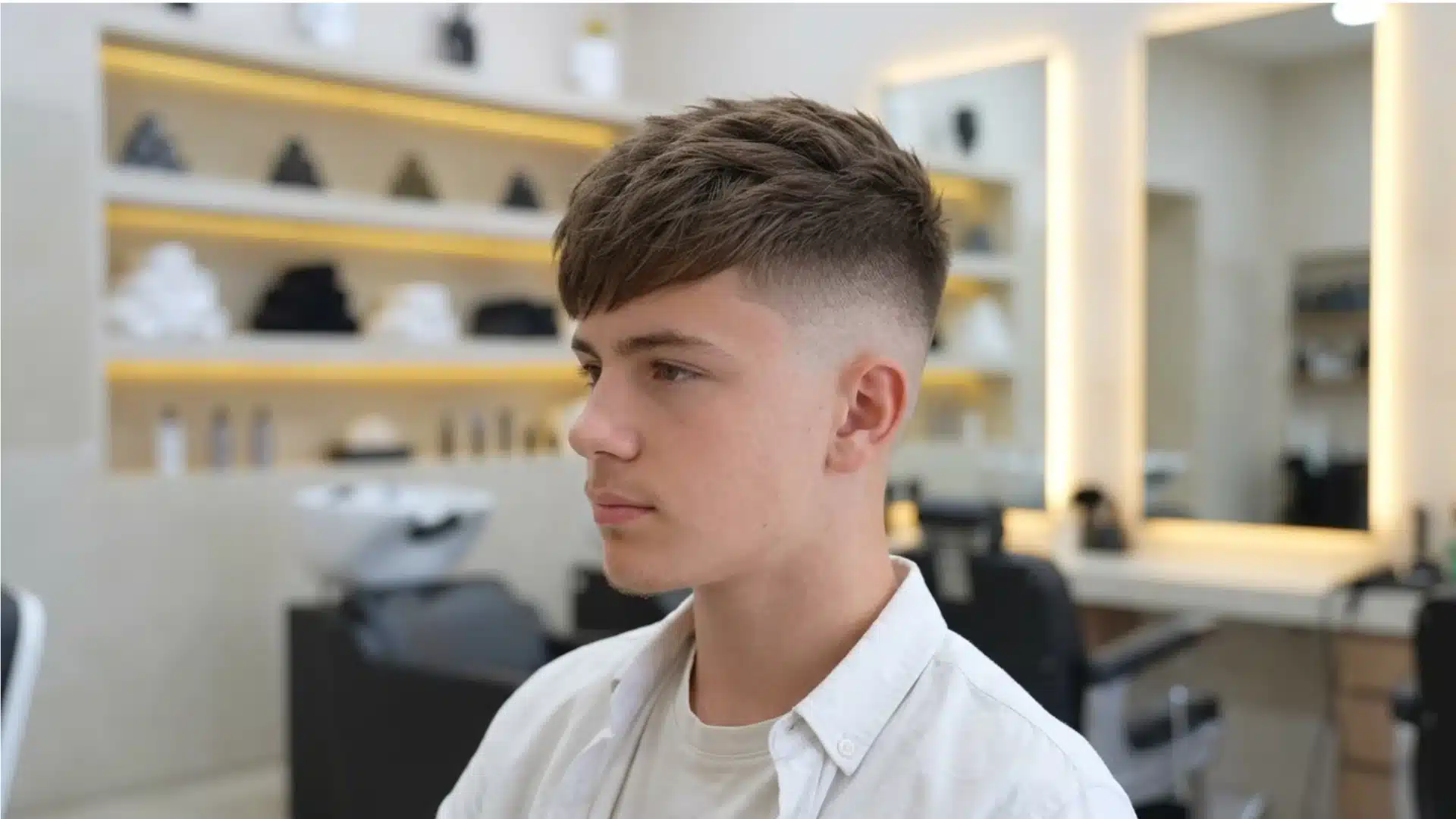 young man with a high fade haircut and textured brown fringe seated inside a bright modern barbershop