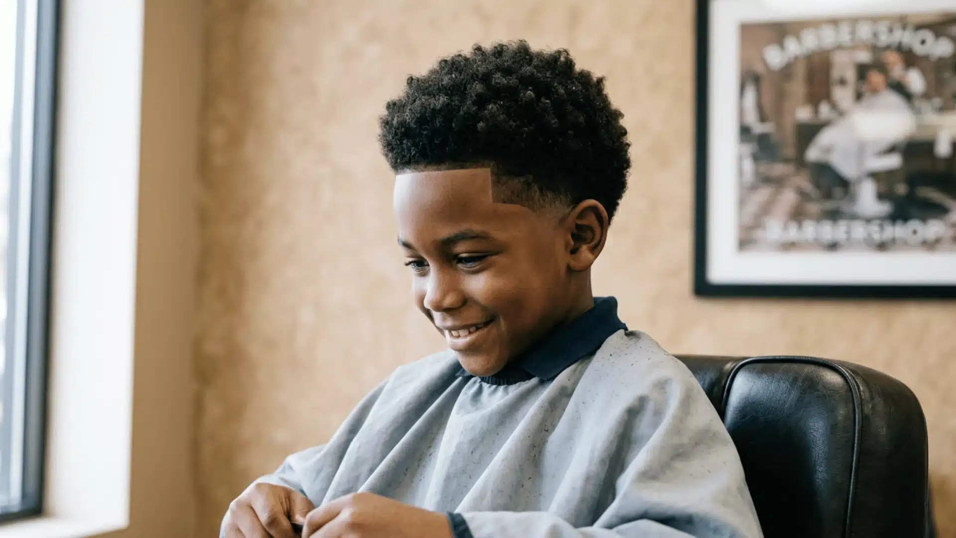 Young mixed boy with a shaped afro and temple fade sitting in a barbershop chair, smiling, wearing a gray barber cape