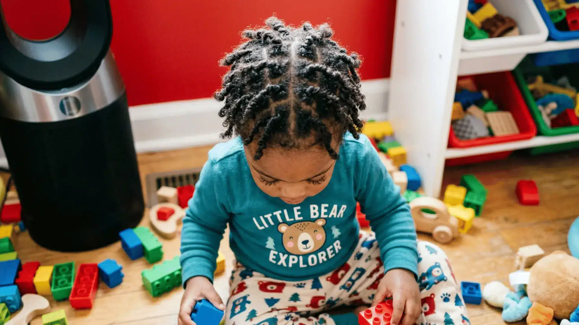 Young mixed boy with Starter Locs playing with building blocks on the floor of a colorful playroom