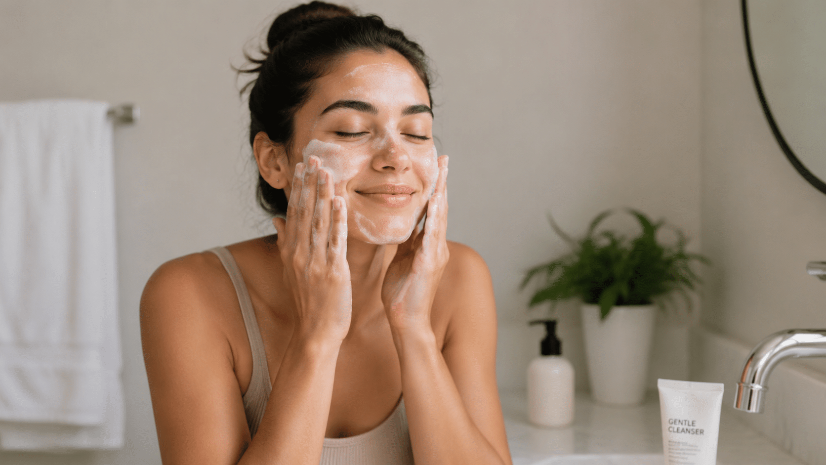 young woman applying chemical exfoliant with cotton pad during skincare routine at home