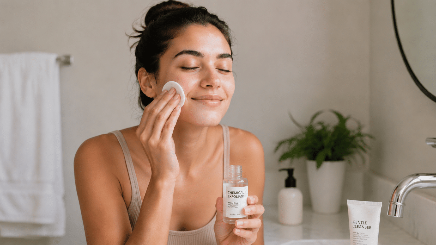young woman applying skin renewal serum with dropper during daily skincare routine