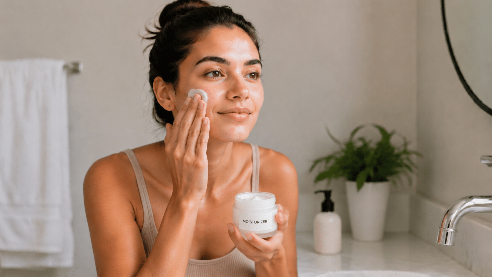 young woman applying sunscreen to face during daily skincare routine in bathroom