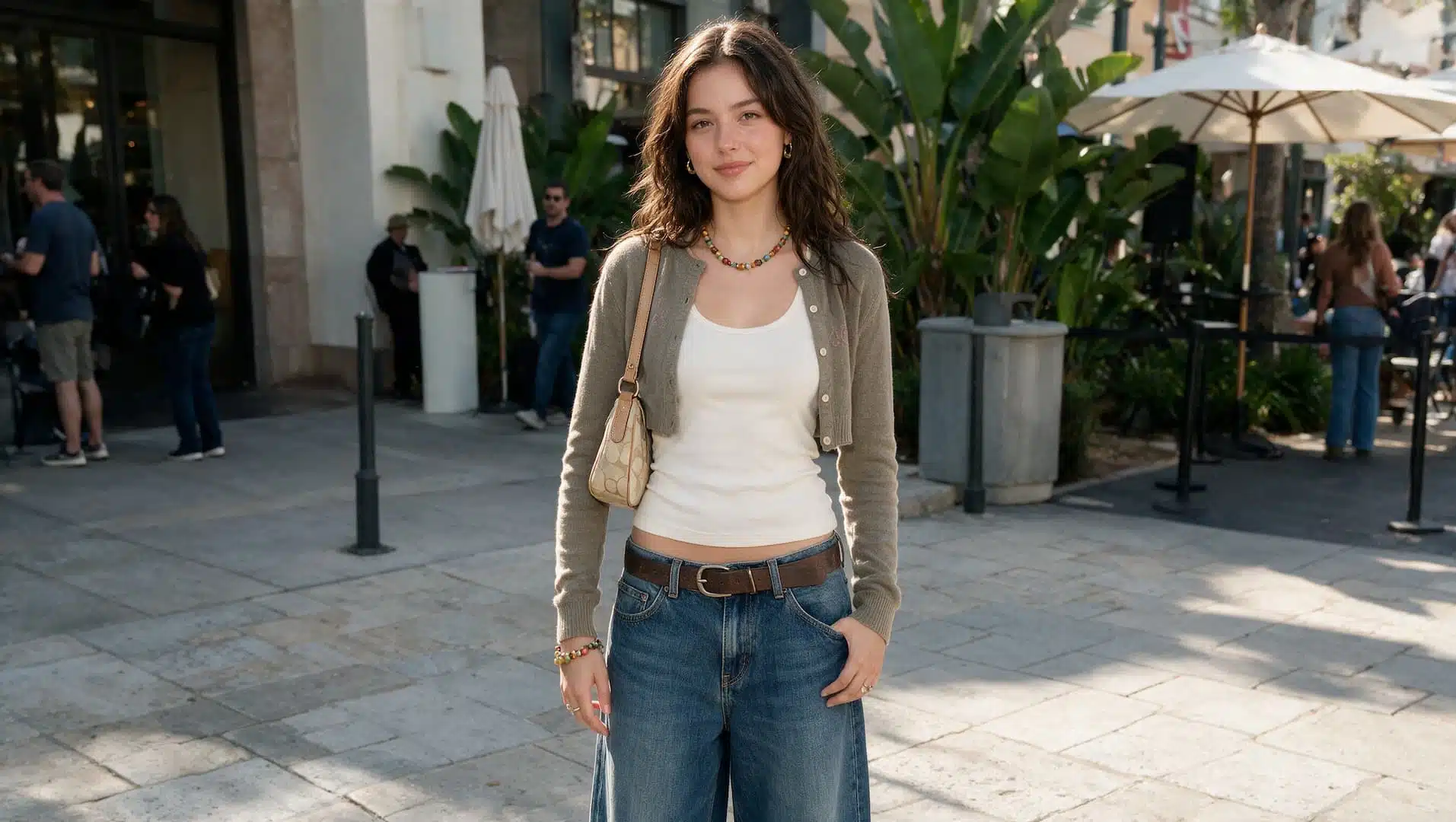 young woman in a cropped cardigan and wide leg denim with a baguette bag and beaded jewelry