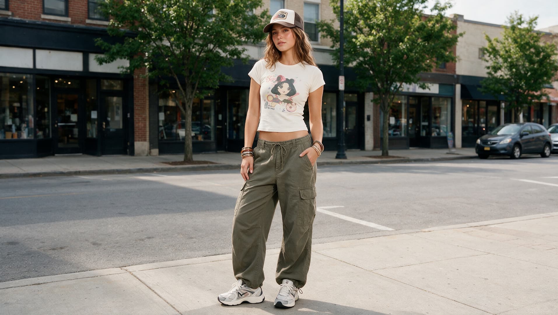 young woman in a graphic baby tee and cargo pants with chunky sneakers and a trucker hat