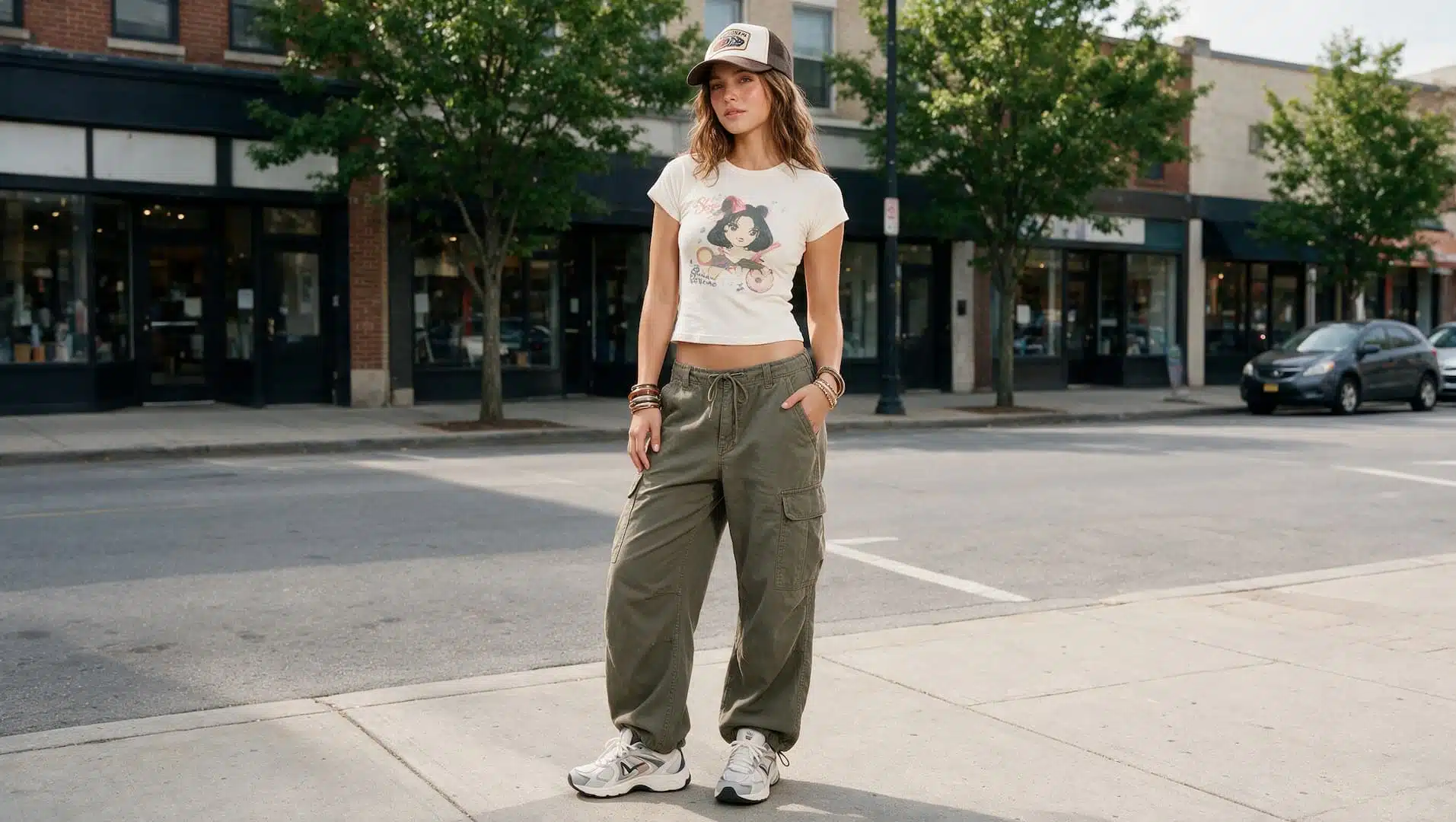 young woman in a graphic baby tee and cargo pants with chunky sneakers and a trucker hat