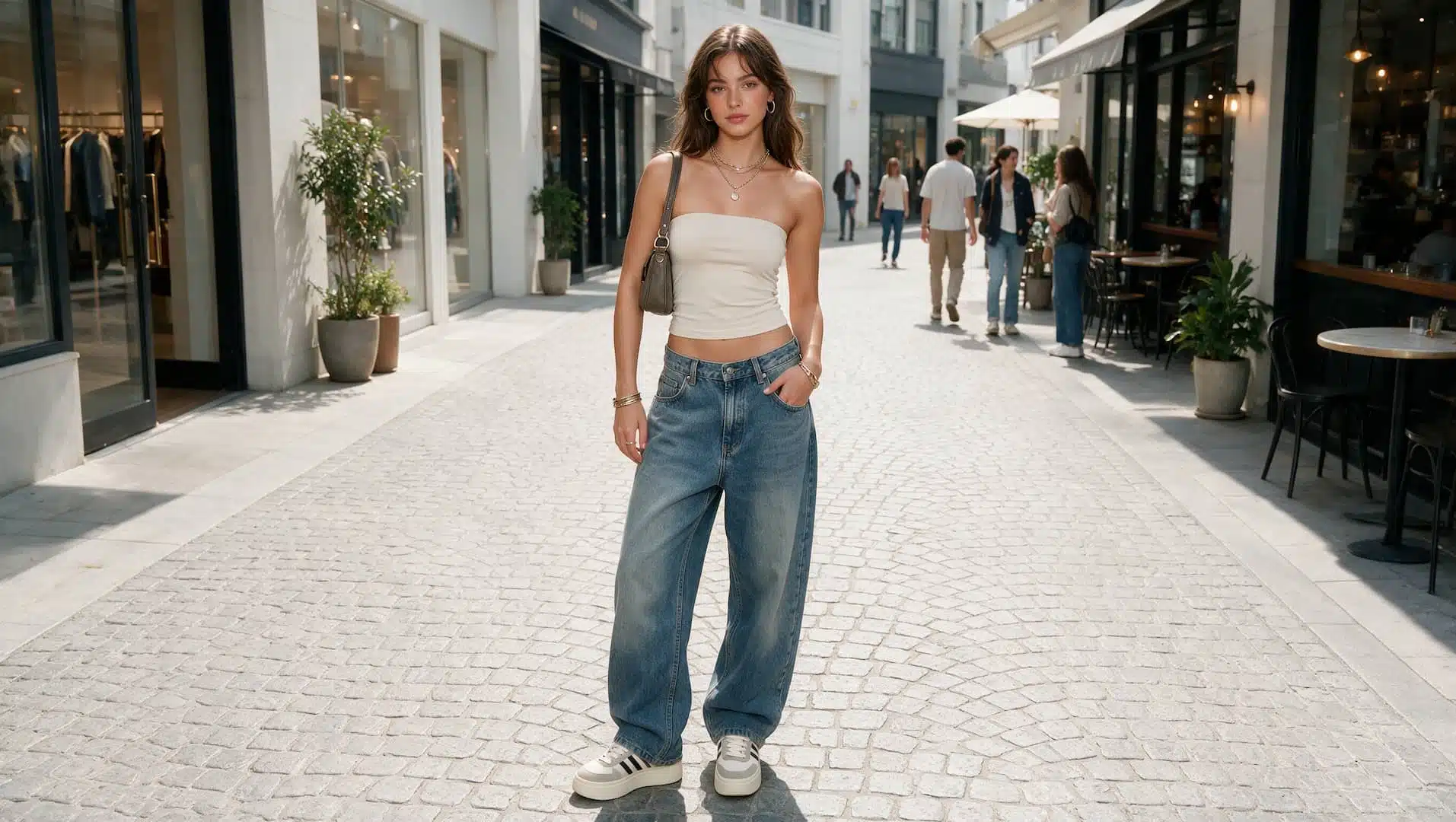 young woman in a tube top and baggy jeans styled with a shoulder bag and platform sneakers