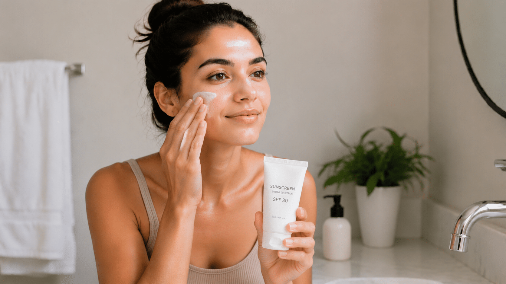 young woman washing face with gentle cleanser during daily skincare routine in bathroom