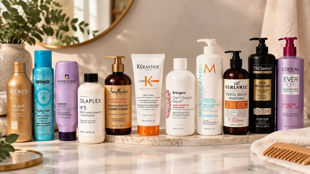 curly hair conditioners lineup with labeled bottles on marble bathroom counter with comb towels and plants in natural light
