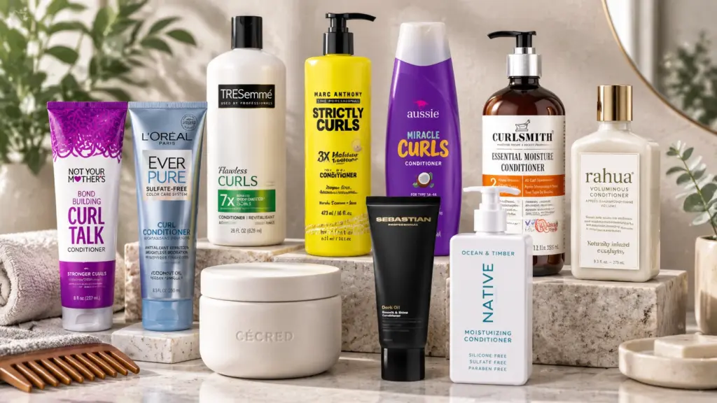 curly hair conditioners and treatments arranged on bathroom counter with comb and skincare accessories in natural light