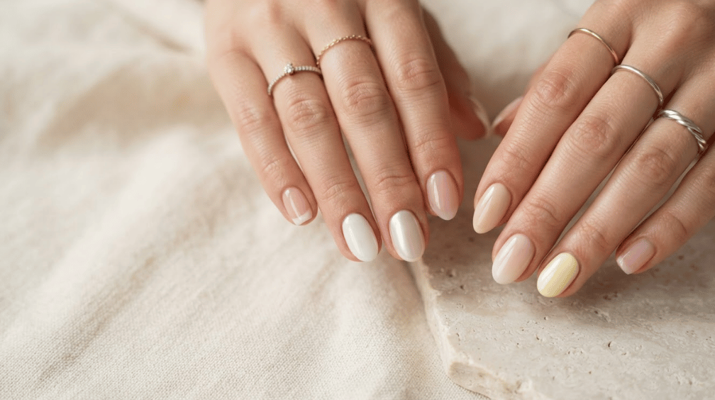 two hands with glossy clean girl nails in soft pink milky white nude and pale butter yellow shades with delicate rings on a neutral cream background