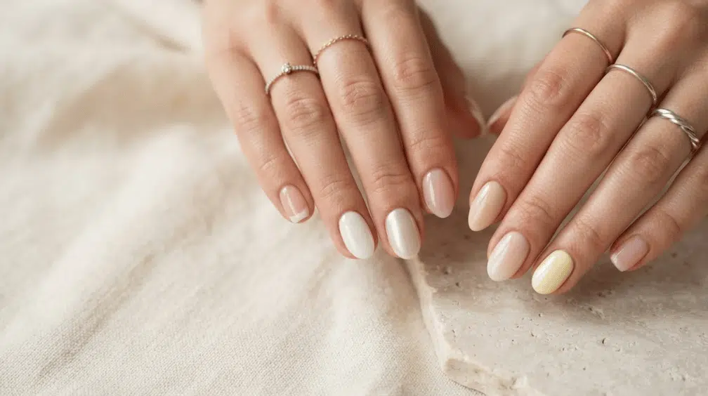 two hands with glossy clean girl nails in soft pink milky white nude and pale butter yellow shades with delicate rings on a neutral cream background