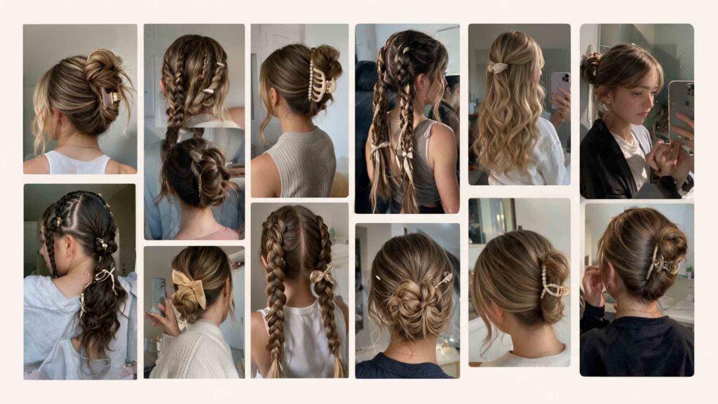 teen hairstyle inspiration moodboard featuring realistic hairstyles and matching hair accessories