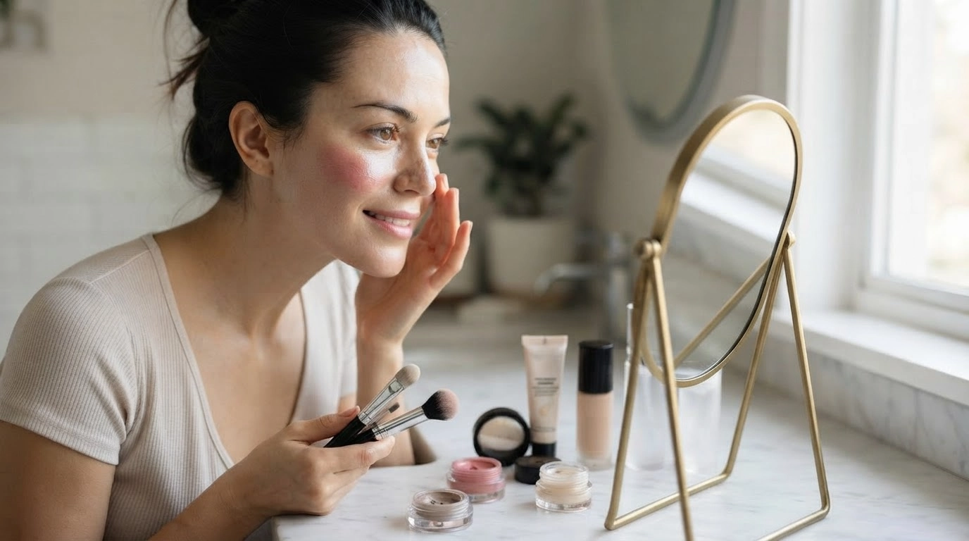 woman applying cream blush and contour before setting makeup with powder