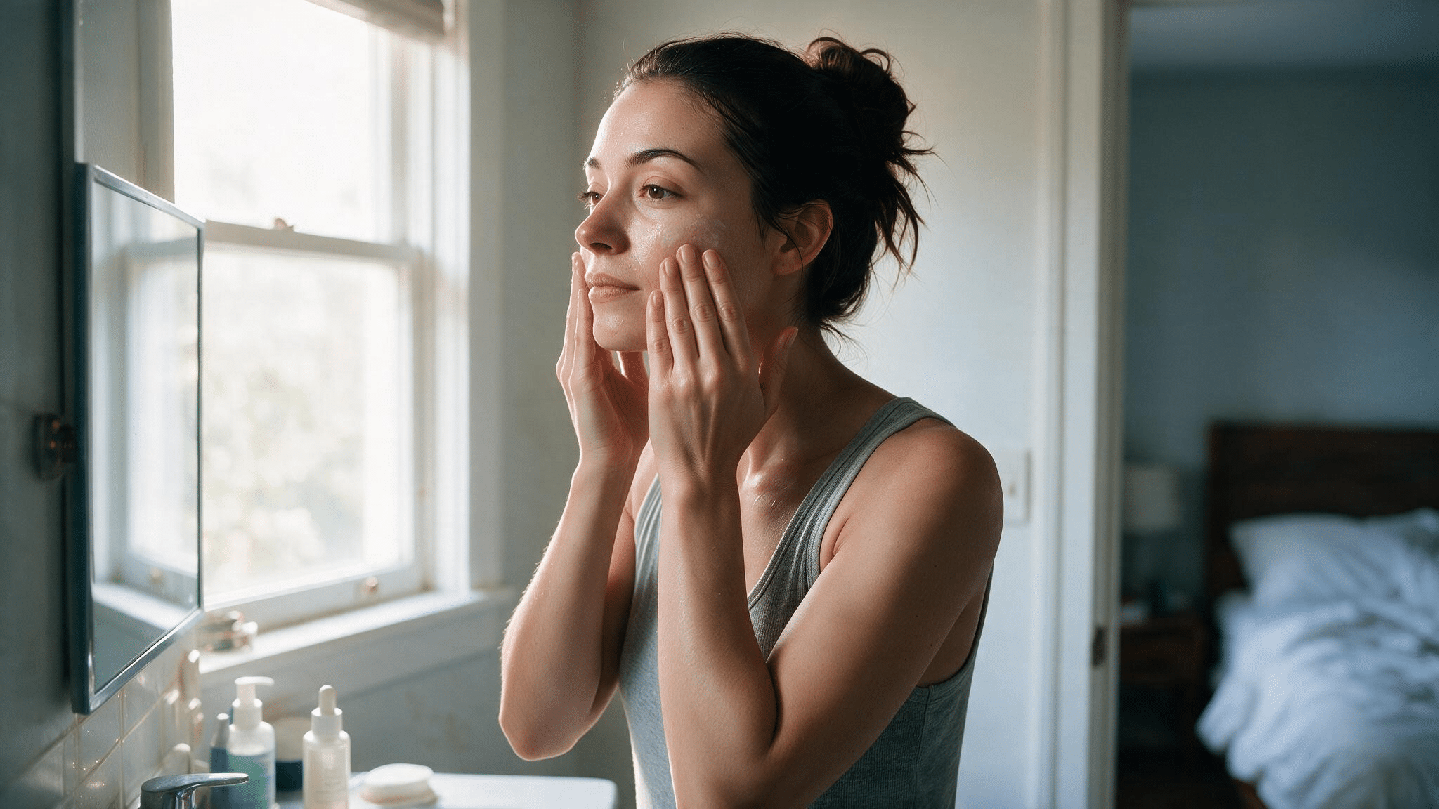 woman applying moisturizer after serum with hydrated natural skin texture during daily skincare routine