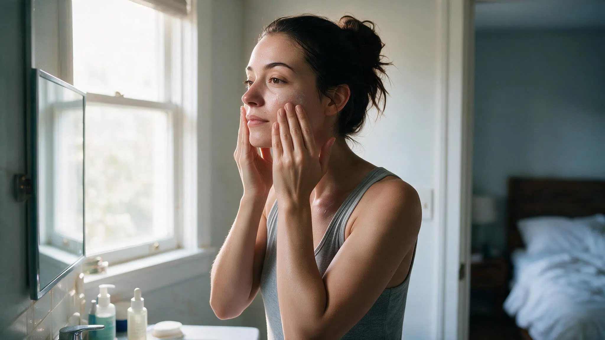 woman applying moisturizer after serum with hydrated natural skin texture during daily skincare routine