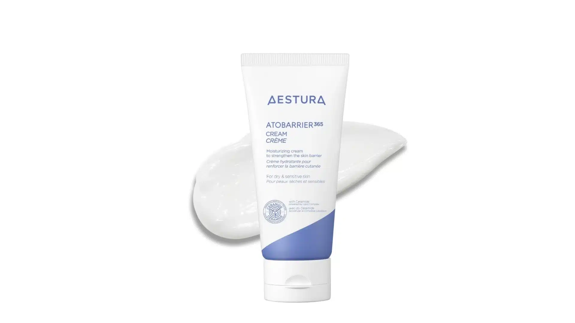 aestura atobarrier365 cream tube displayed with a white cream smear on a white background