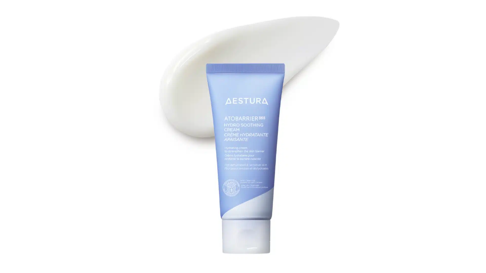 aestura atobarrier365 hydro soothing cream tube placed before a white cream smear backdrop