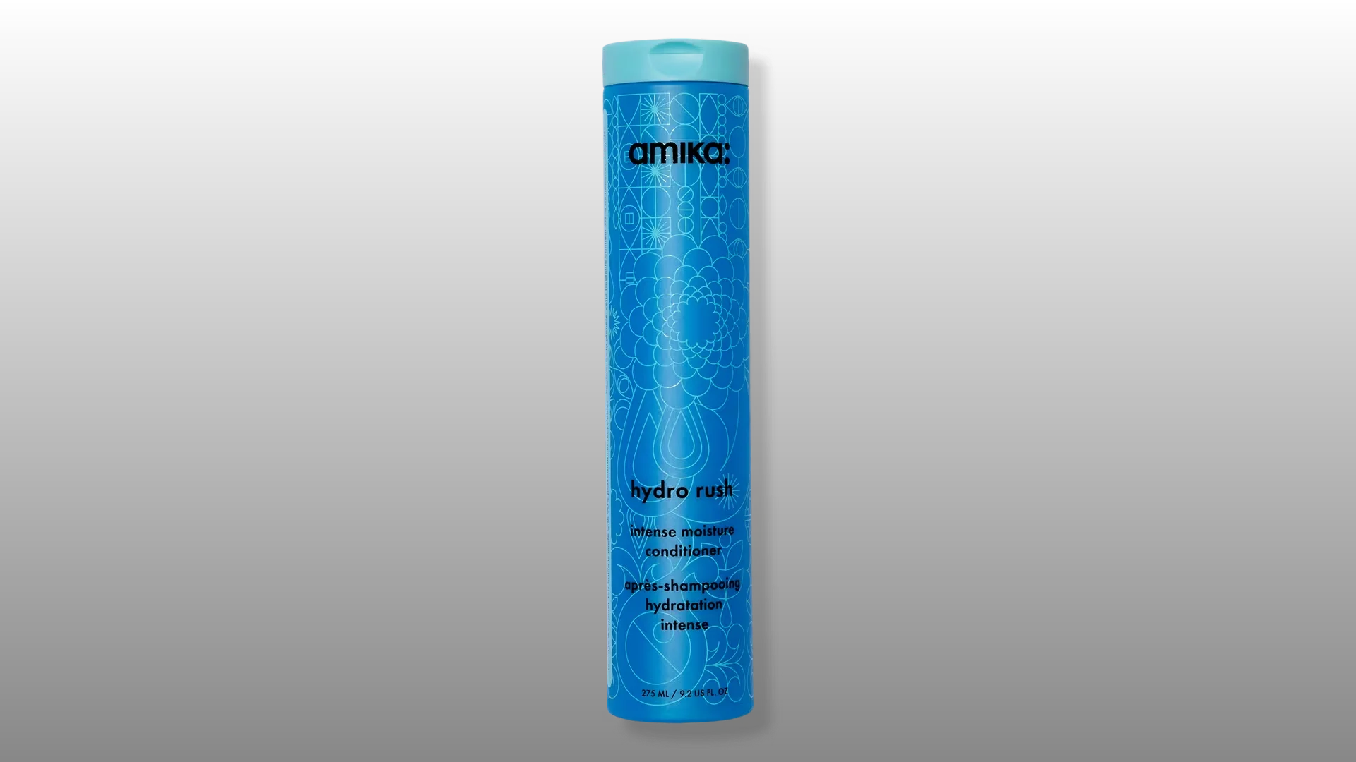 blue amika hydro rush intense moisture conditioner bottle on gray background for hair care product display