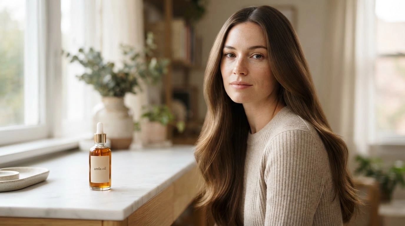 american woman with healthy shiny hair and amla oil bottle with fresh amla fruits on white slab