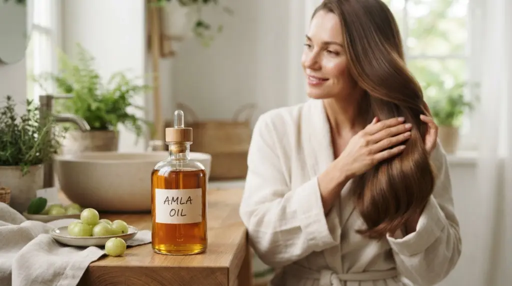 amla oil bottle with fresh amla fruits and woman showing smooth shiny healthy-looking hair care benefits