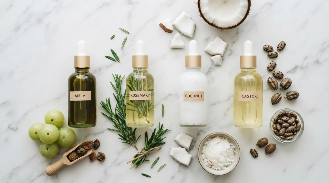 amla rosemary coconut and castor oils with raw ingredients arranged on white marble slab for hair care