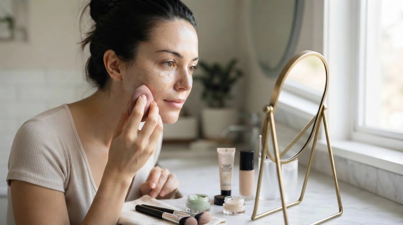 woman blending foundation and concealer for an even natural makeup base