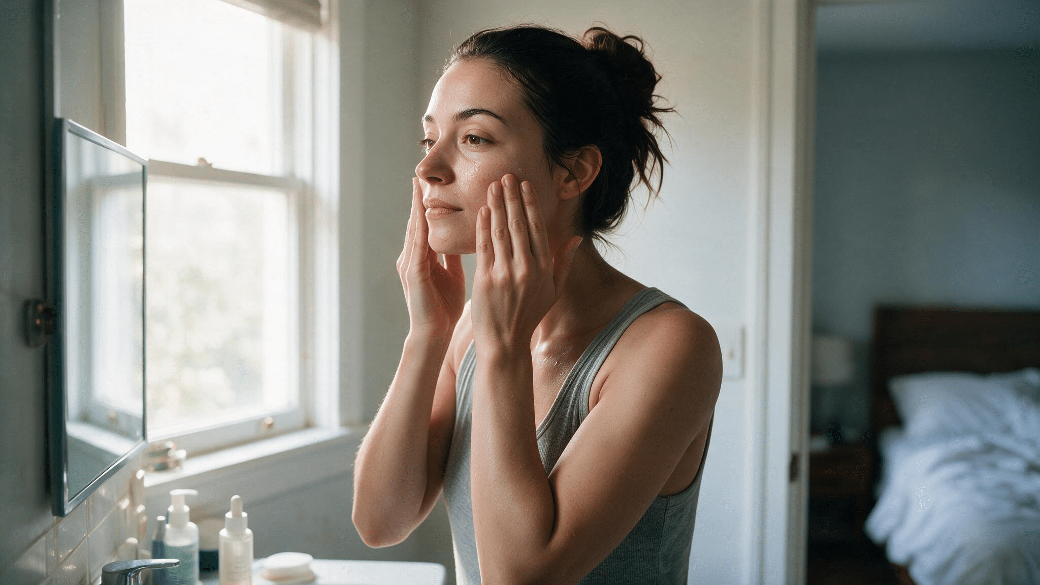 woman applying brightening serum to face during morning routine with visible pores and uneven skin tone