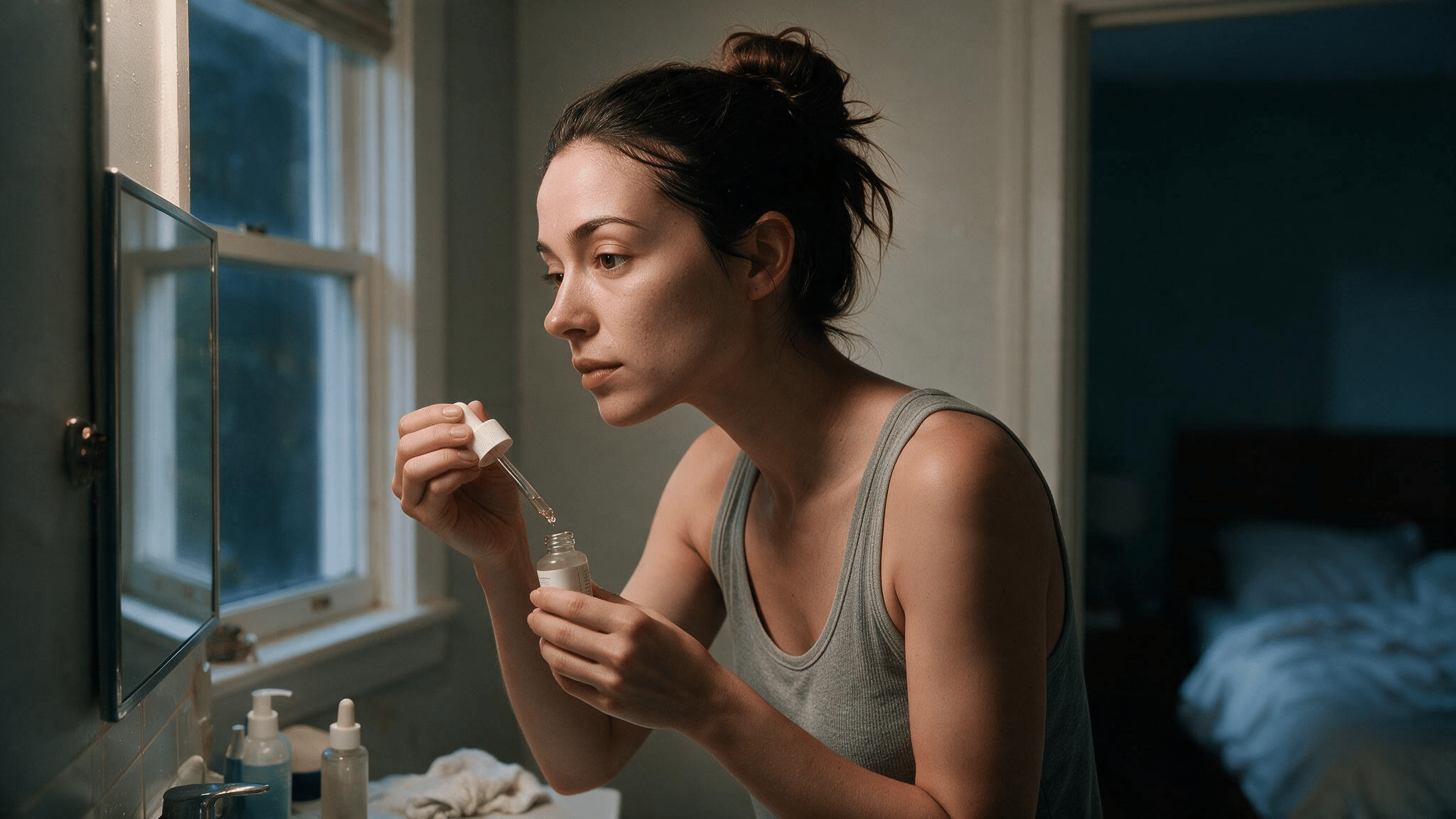 woman applying targeted treatment serum at night for uneven skin tone with realistic facial texture