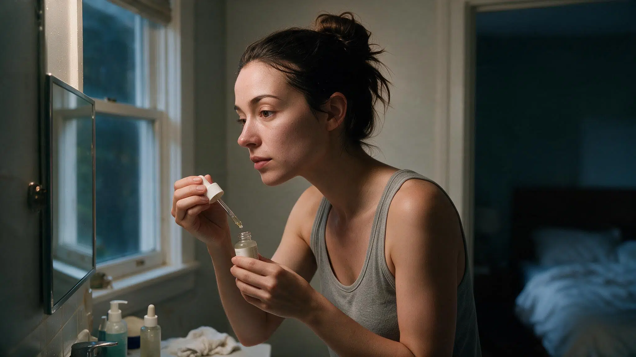 woman applying targeted treatment serum at night for uneven skin tone with realistic facial texture