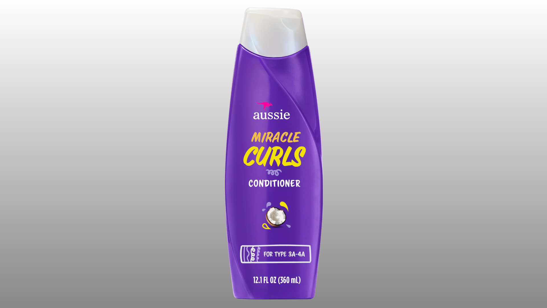 purple aussie miracle curls conditioner bottle with coconut label on gray background for hair care product display