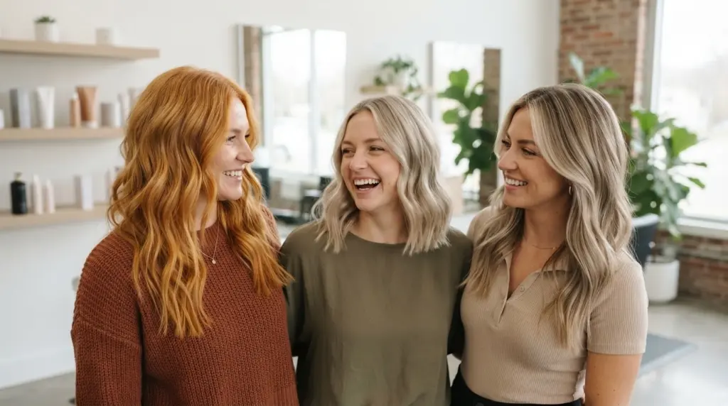 three women in a salon showing different autumn blonde hair colors with natural texture and styling