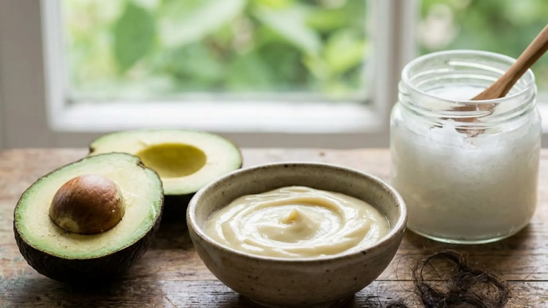 fresh split avocado, creamy blended mixture in a ceramic bowl, jar of coconut oil, and hair strand on wood