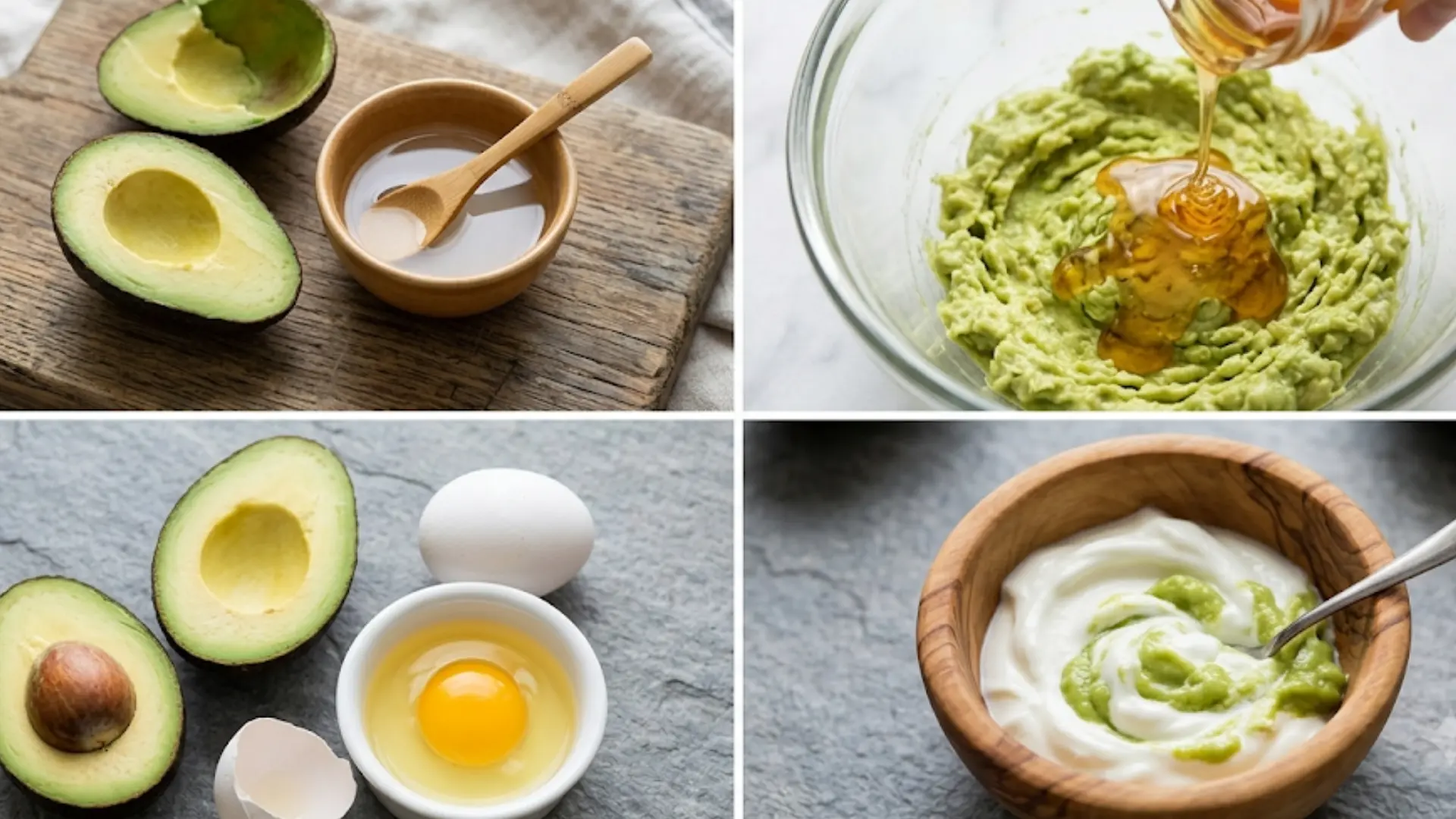 panel grid showing avocado hair mask combinations featuring coconut oil, honey, egg, and yogurt in separate bowls