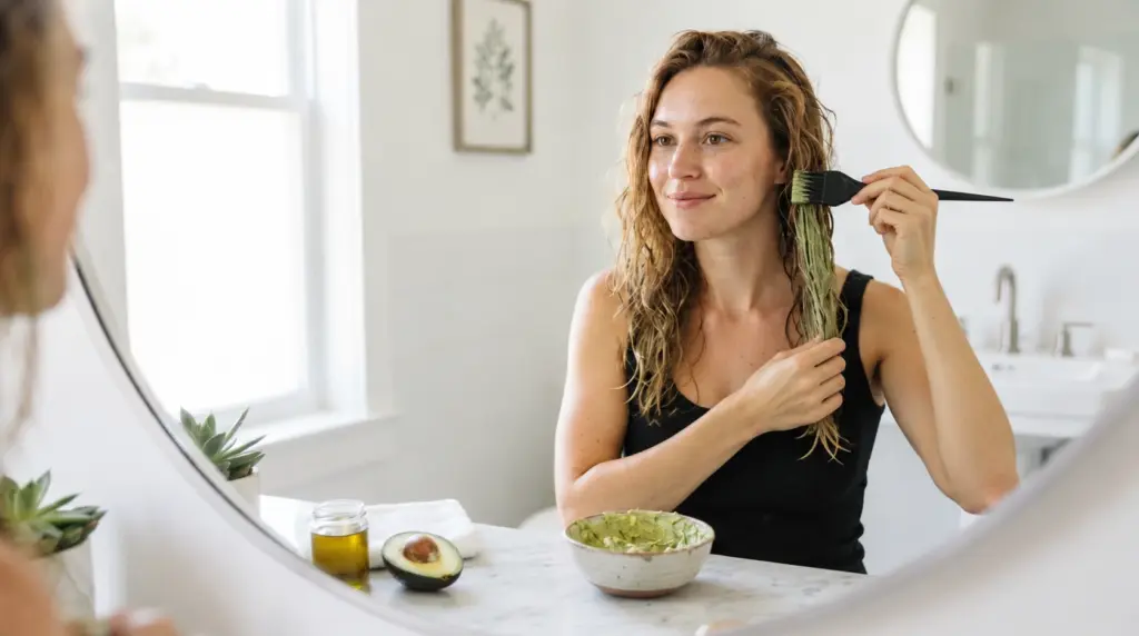 woman applying avocado hair mask in bright bathroom with bowl of homemade hair treatment nearby