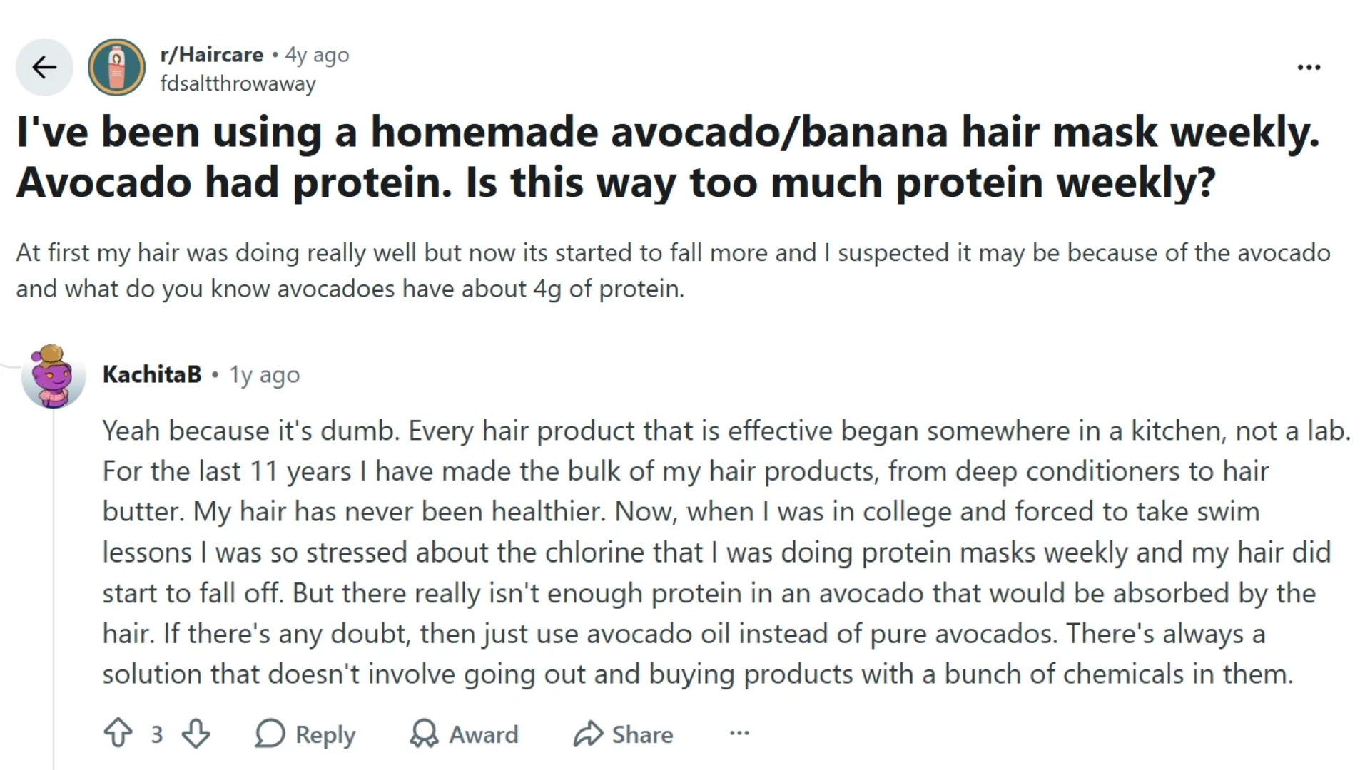 Reddit discussion about weekly avocado banana hair masks, hair shedding, community advice on homemade hair care
