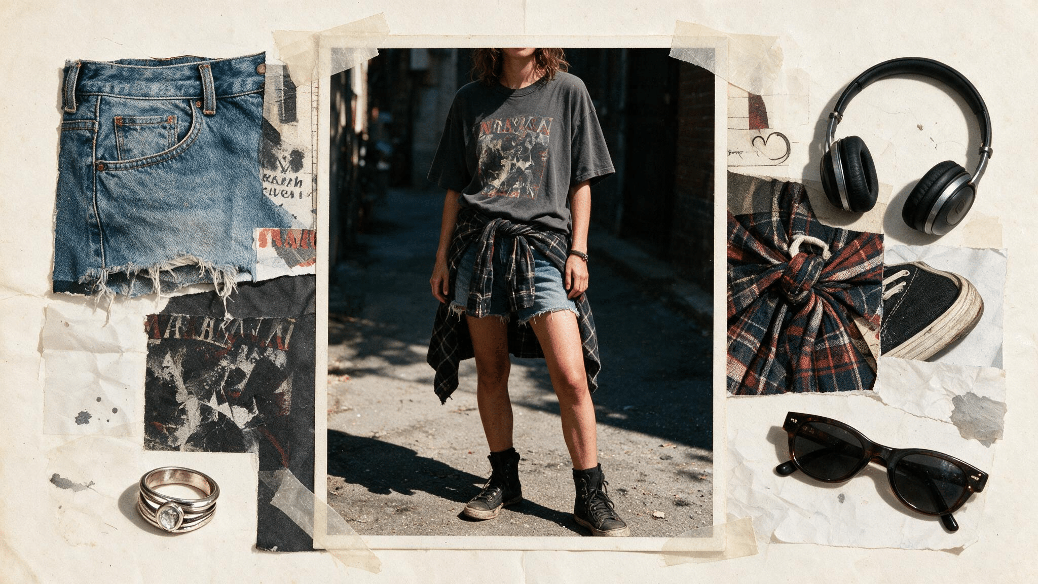 faded band tee with cut off denim shorts flannel tied at the waist and casual summer grunge moodboard details