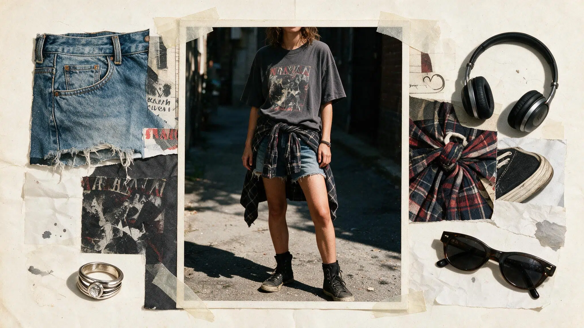 faded band tee with cut off denim shorts flannel tied at the waist and casual summer grunge moodboard details