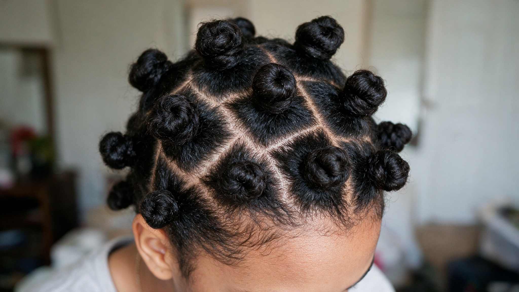 teen girl wearing bantu knots with natural coily texture and realistic sections