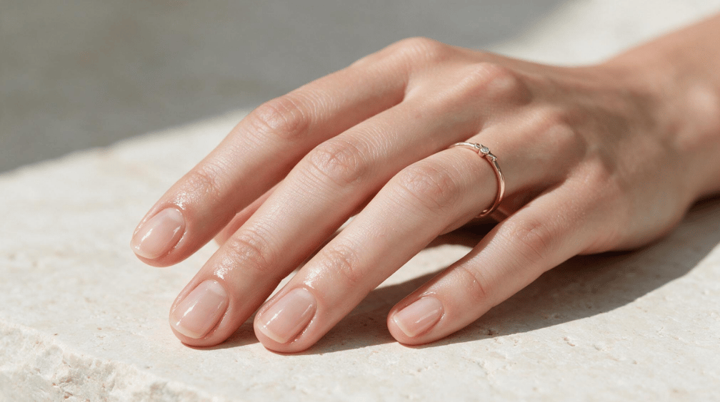 short rounded natural nails with a clear glossy finish resting on pale stone in soft sunlight