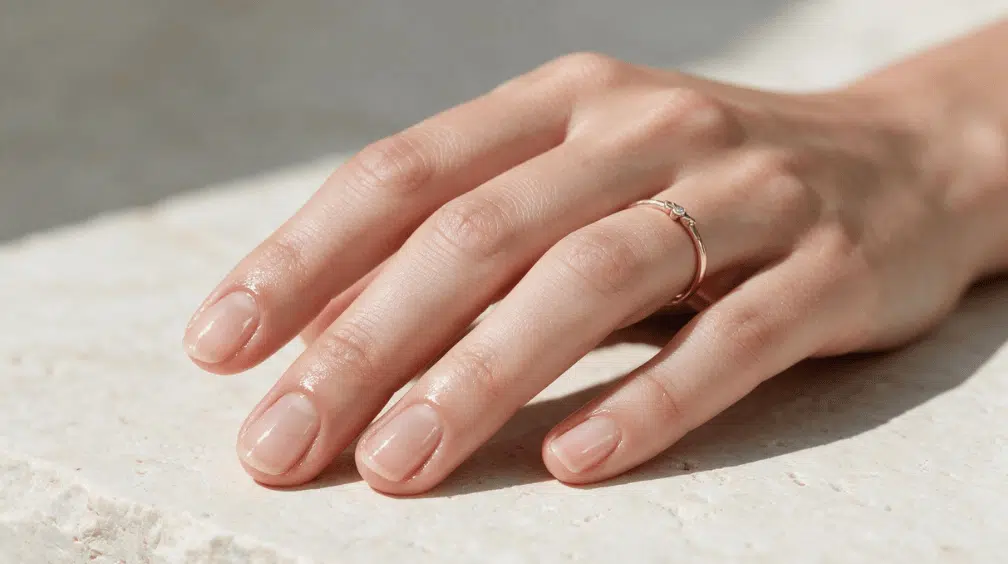 short rounded natural nails with a clear glossy finish resting on pale stone in soft sunlight