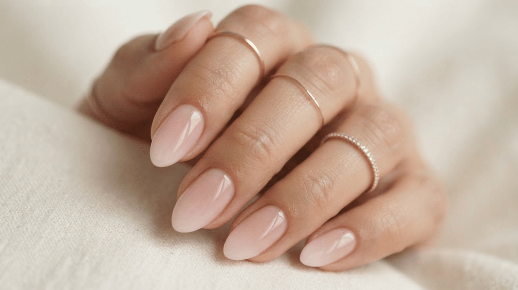 soft pink to milky white ombré almond nails with glossy finish and delicate rings on cream fabric