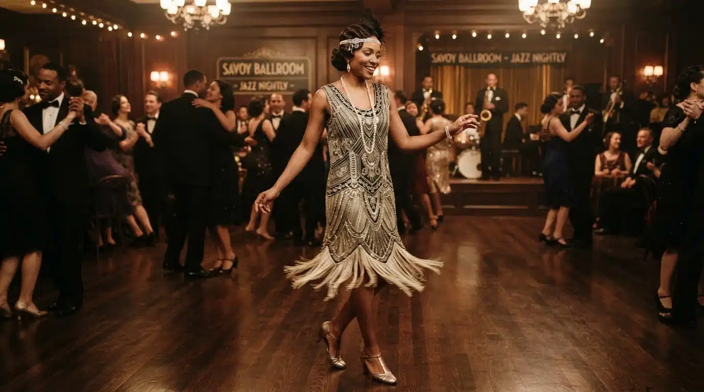 woman in beaded harlem evening dress with fringe, necklace, and dress shoes while dancing.