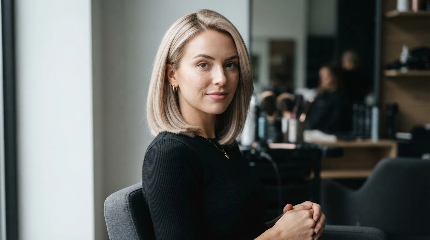 american woman with beige, blonde hair and sleek salon hairstyle