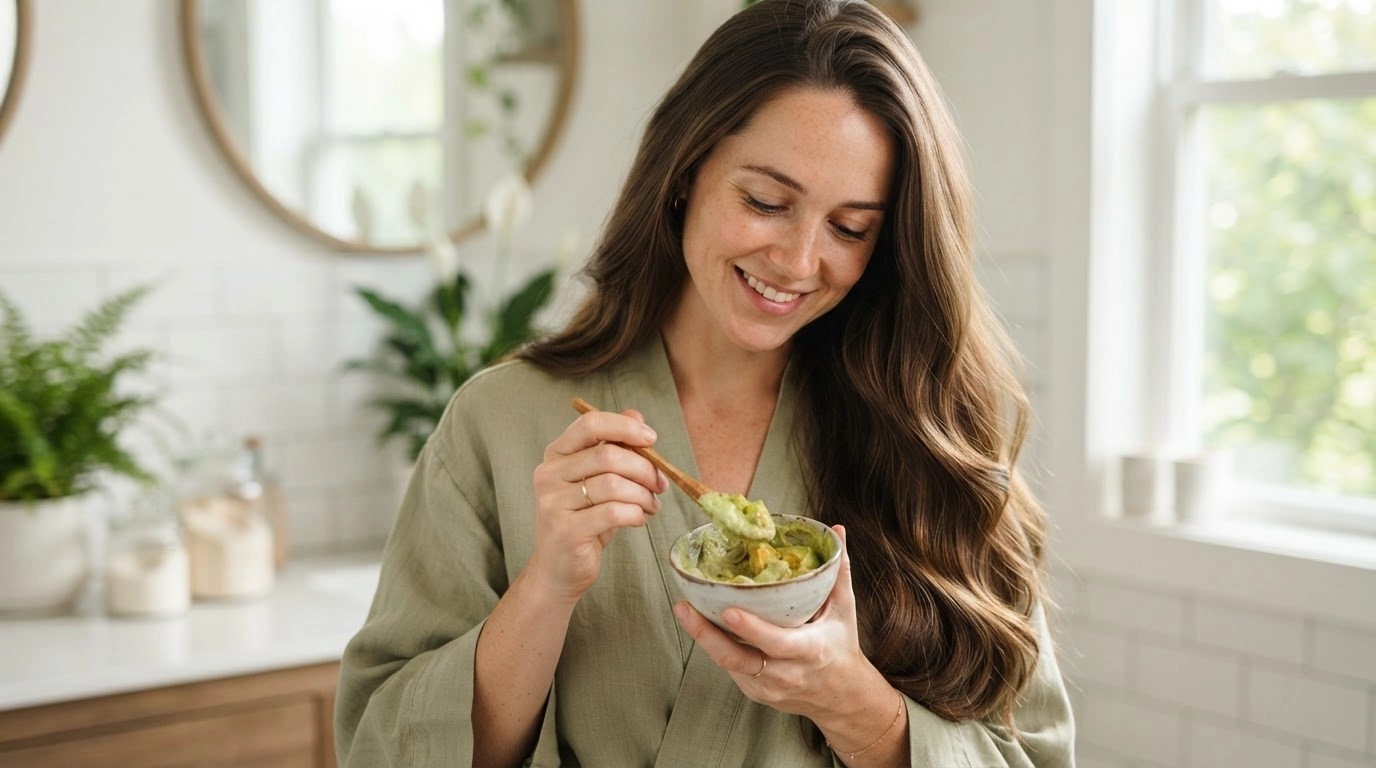 woman with shiny healthy hair and bowl of avocado hair mask in bathroom setting
