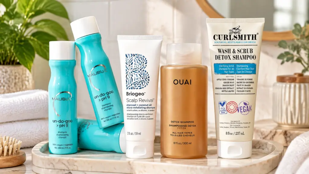 best clarifying shampoo for curly hair comparison with multiple detox shampoo bottles displayed