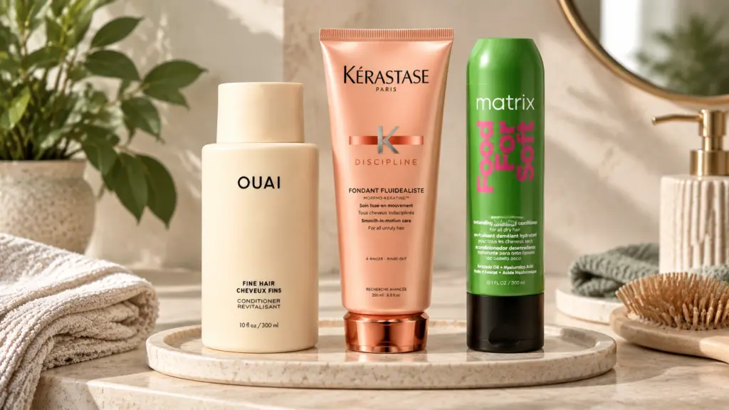 best conditioners for frizzy hair with ouai kerastase and matrix bottles in a matte setup