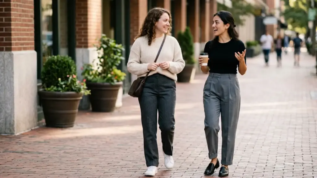 two women walk on a sidewalk, chatting casually in stylish grey trousers, one wearing a beige sweater, the other a black t-shirt