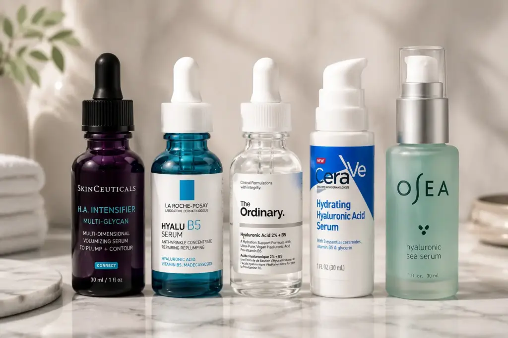 five hyaluronic acid serum bottles including skinceuticals la roche posay the ordinary cerave and osea arranged on a marble surface