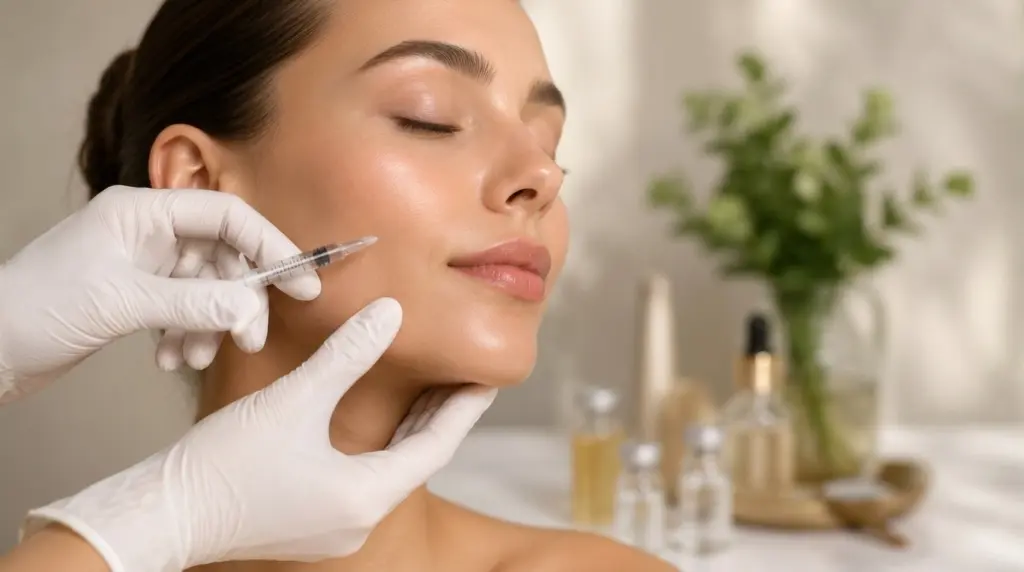 woman receiving a cosmetic facial injection from a gloved provider in a bright clinic with skincare products nearby