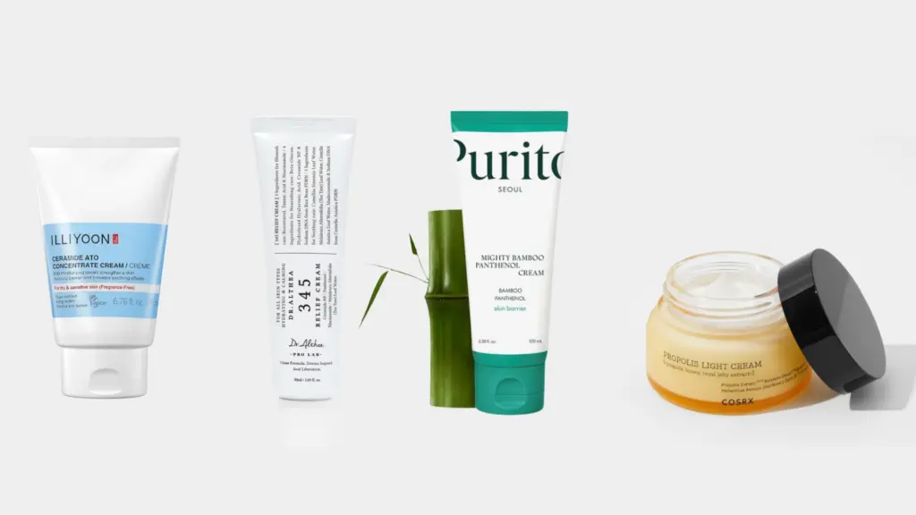 AESTURA ILLIYOON Torriden Purito Dr Althea and COSRX moisturizers arranged on a dark background